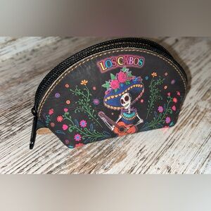 Los Cabos Day of the Dead Skull Zip Pouch - Black with Multicolor Floral